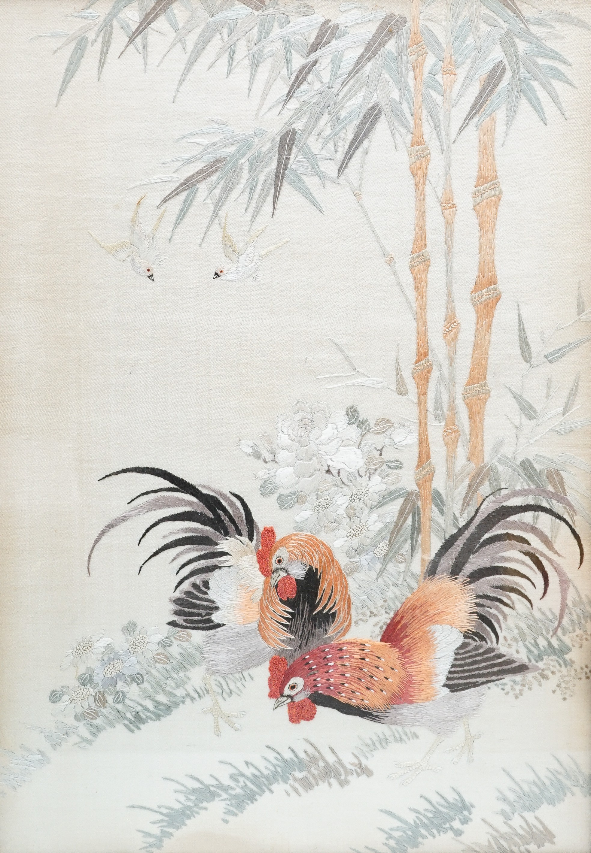 A Chinese framed silk work panel of chickens, 50x35cm